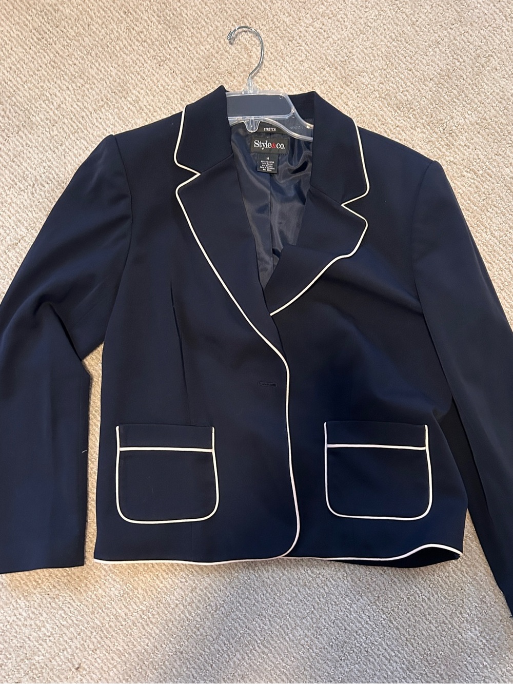 Style & Co Navy Blazer White Contrast Piping Stretch Career Jacket Size 16